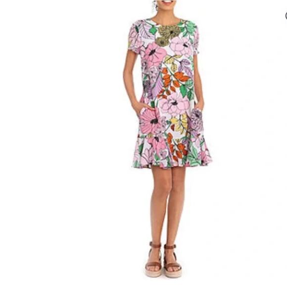 Clover &‎ Sloane Floral Mini Dress SZ 12 Drop Waist Ruffle Hem Summer Occasion - Picture 1 of 8